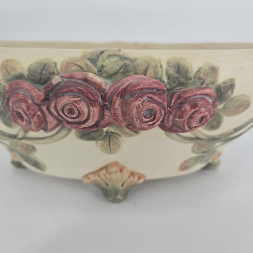 Antique Weller Roma Rose Pottery Oval Console Bowl Planter Applied Roses 11in OH - Picture 2 of 11